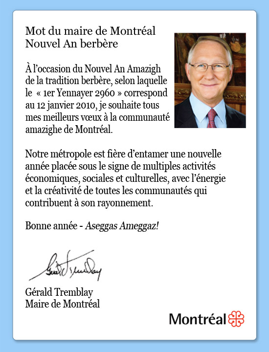 Nouvel An berbère, Yennayer 2960 - Mot de Monsieur Gérald Tremblay, Maire de Montréal